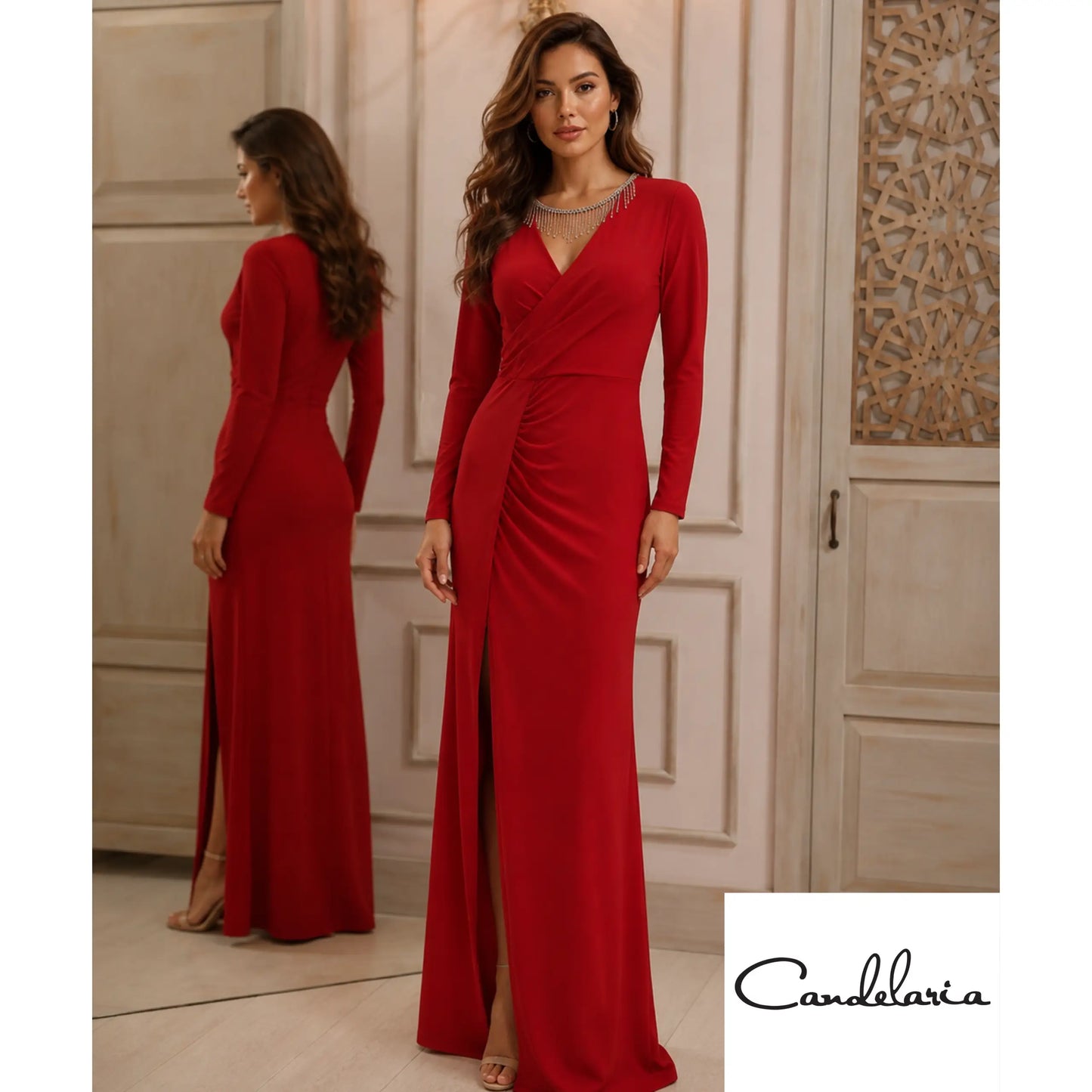 Vestido largo con manga larga y abertura en la pierna - Ref: 8549-210