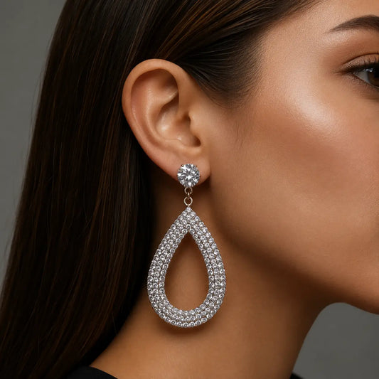 Aretes grandes de lágrima con cristales - Plu: 1003