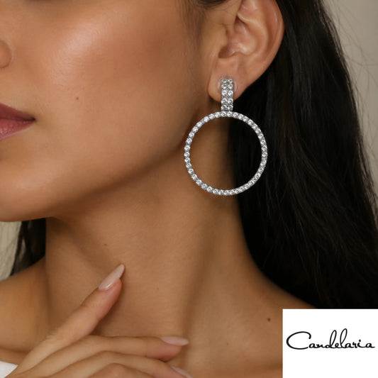 Aretes grandes plateados con cristales - Plu: 1002