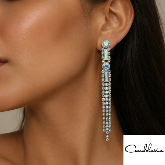 Aretes largos plateados con piedras brillantes - Plu: 16805