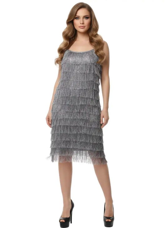 Vestido de fleco plateado para fiesta
