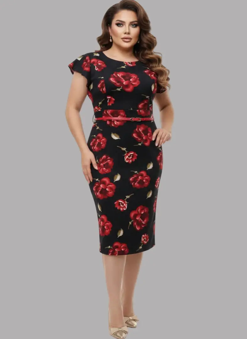 Vestido floral plus con cinturón rojo.