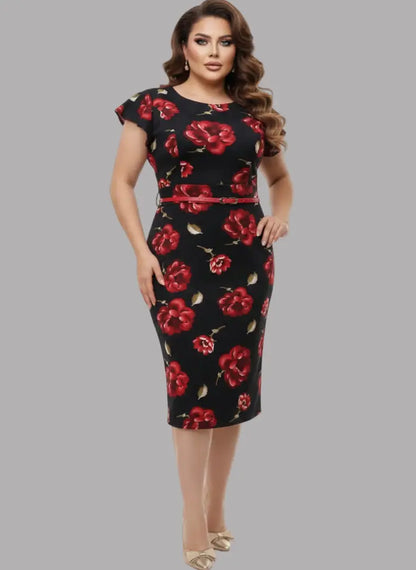 Vestido floral plus con cinturón rojo.