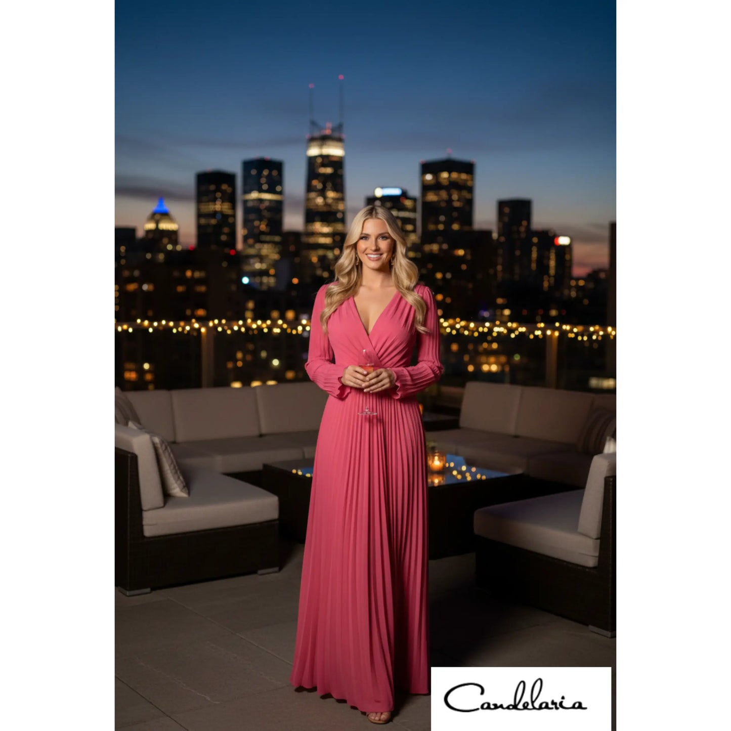 Vestido fucsia de gala con manga larga