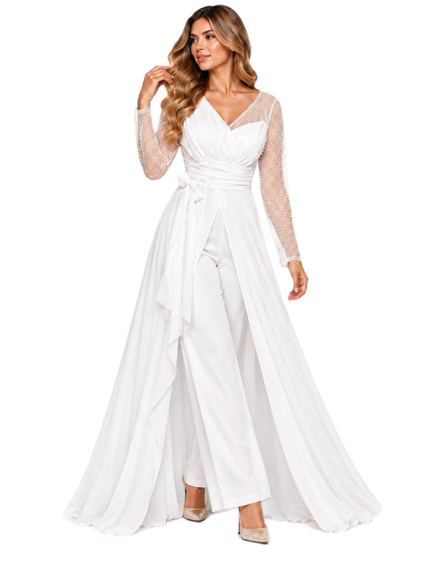 Enterizo blanco con mangas de brillos y capa larga - Ref: 9357-350
